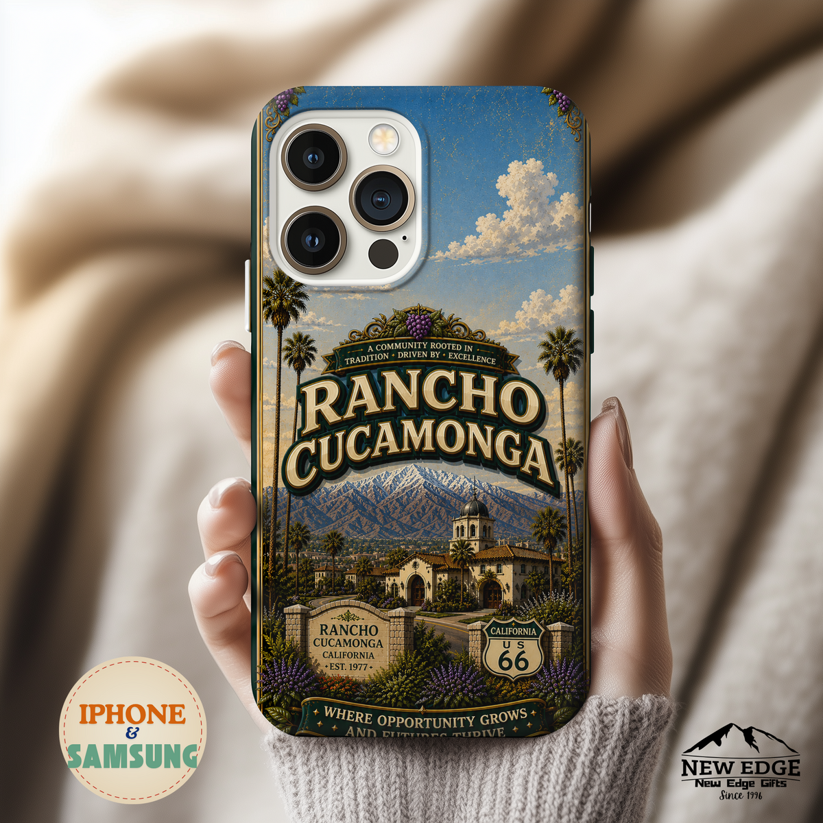 Rancho Cucamonga Where Opportunity Grows Faux Patchwork Phone Case – Route 66 Vintage Travel Art Cover