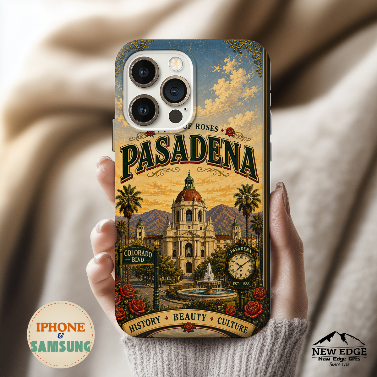 Pasadena City of Roses Faux Patchwork Phone Case – Vintage California Landmark Travel Art Cover