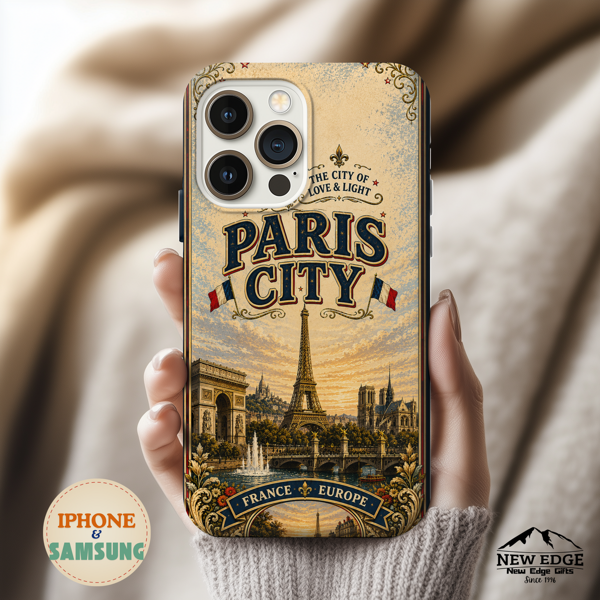 Paris City of Love & Light Faux Patchwork Phone Case – Vintage France Travel Poster Style Cover