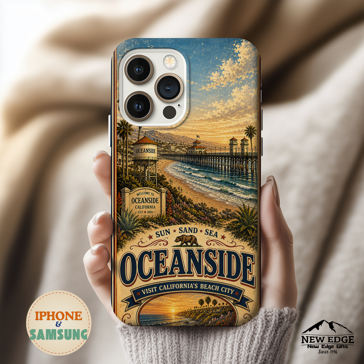 Oceanside Sunset Pier Faux Patchwork Phone Case – California Coastal Vintage Travel Art Beach Cover
