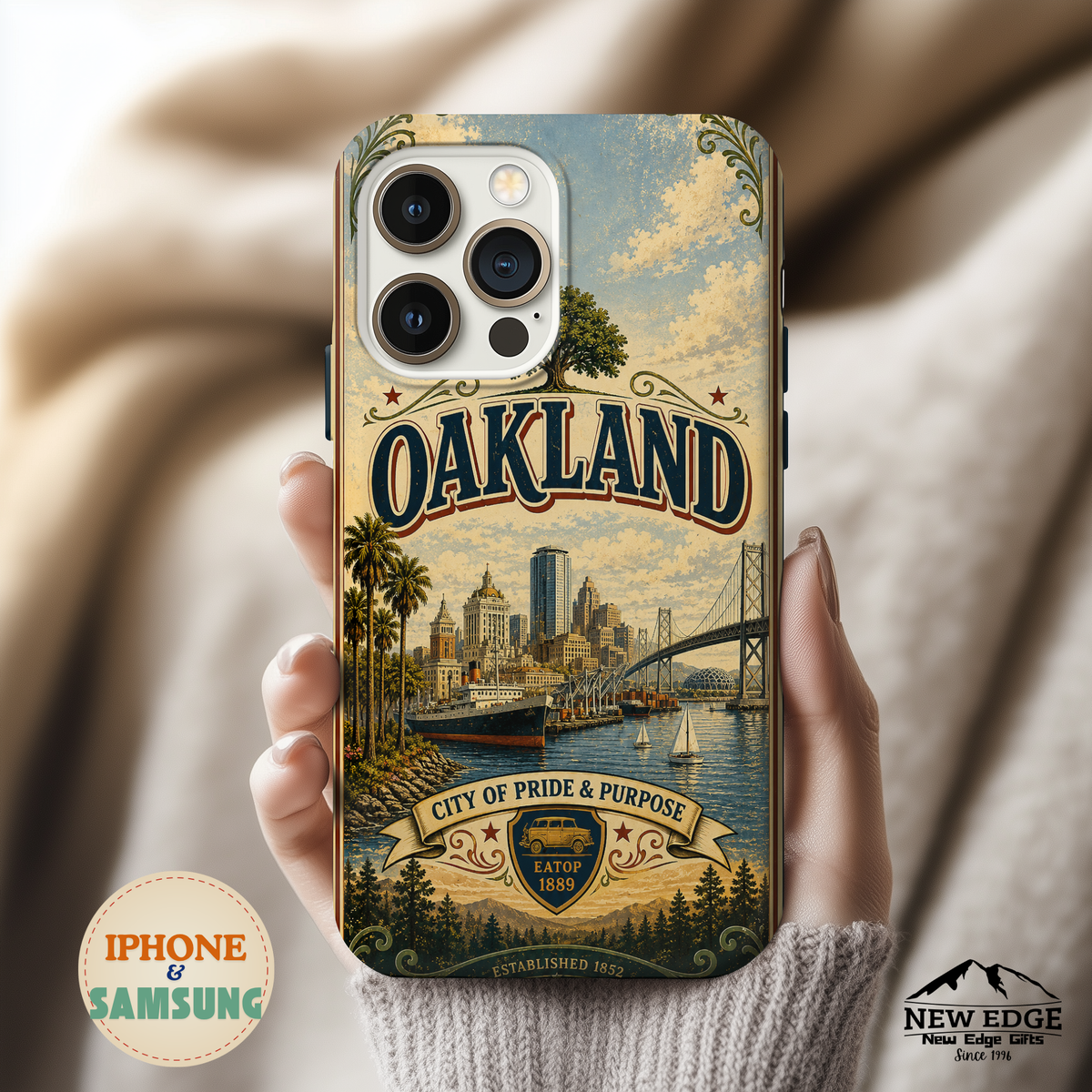 Oakland Bay Heritage Faux Patchwork Phone Case – City of Pride & Purpose Vintage Skyline Art Cover