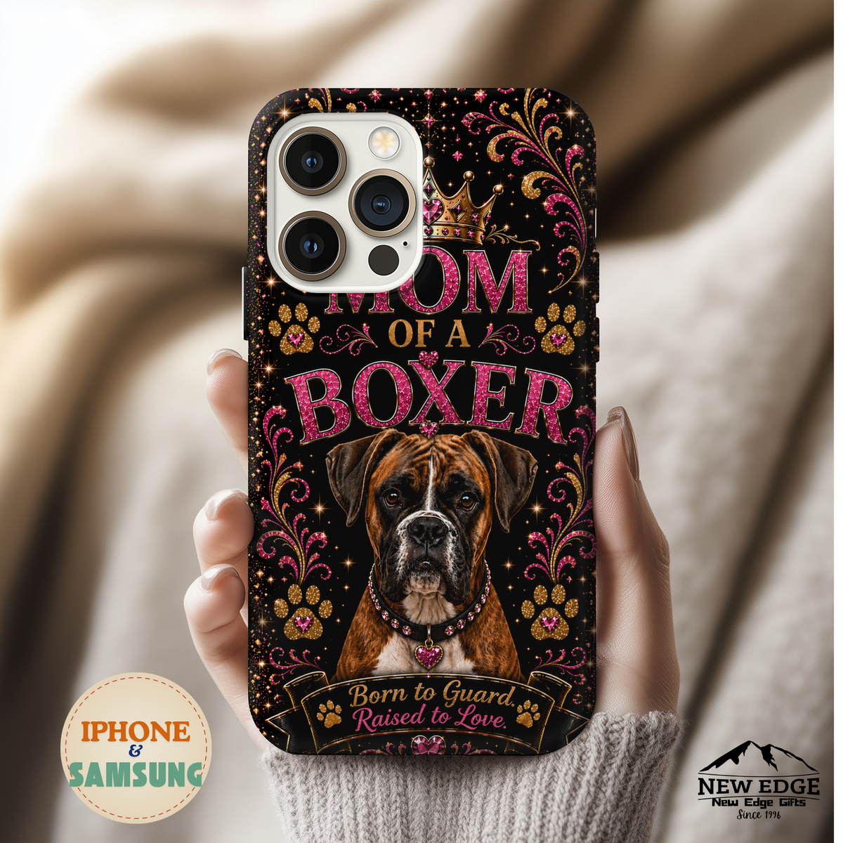 Mom of a Boxer Glitter Phone Case Born to Guard Raised to Love Vintage Dog Lover Gift Cover