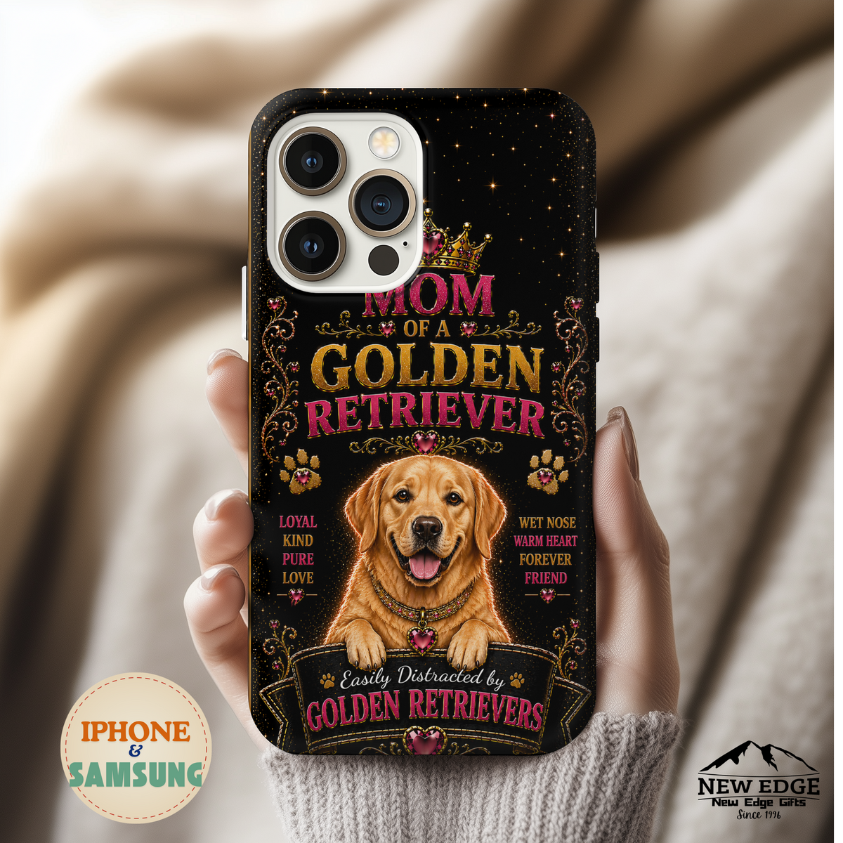 Royal Golden Retriever Glitter Phone Case Easily Distracted by Goldens Dog Mom Gift Vintage iPhone Samsung Cover