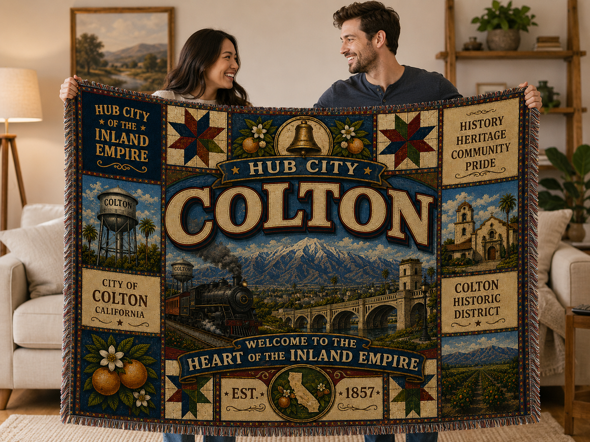 Colton City Landmark Woven Blanket — Vintage Map & Skyline Throw