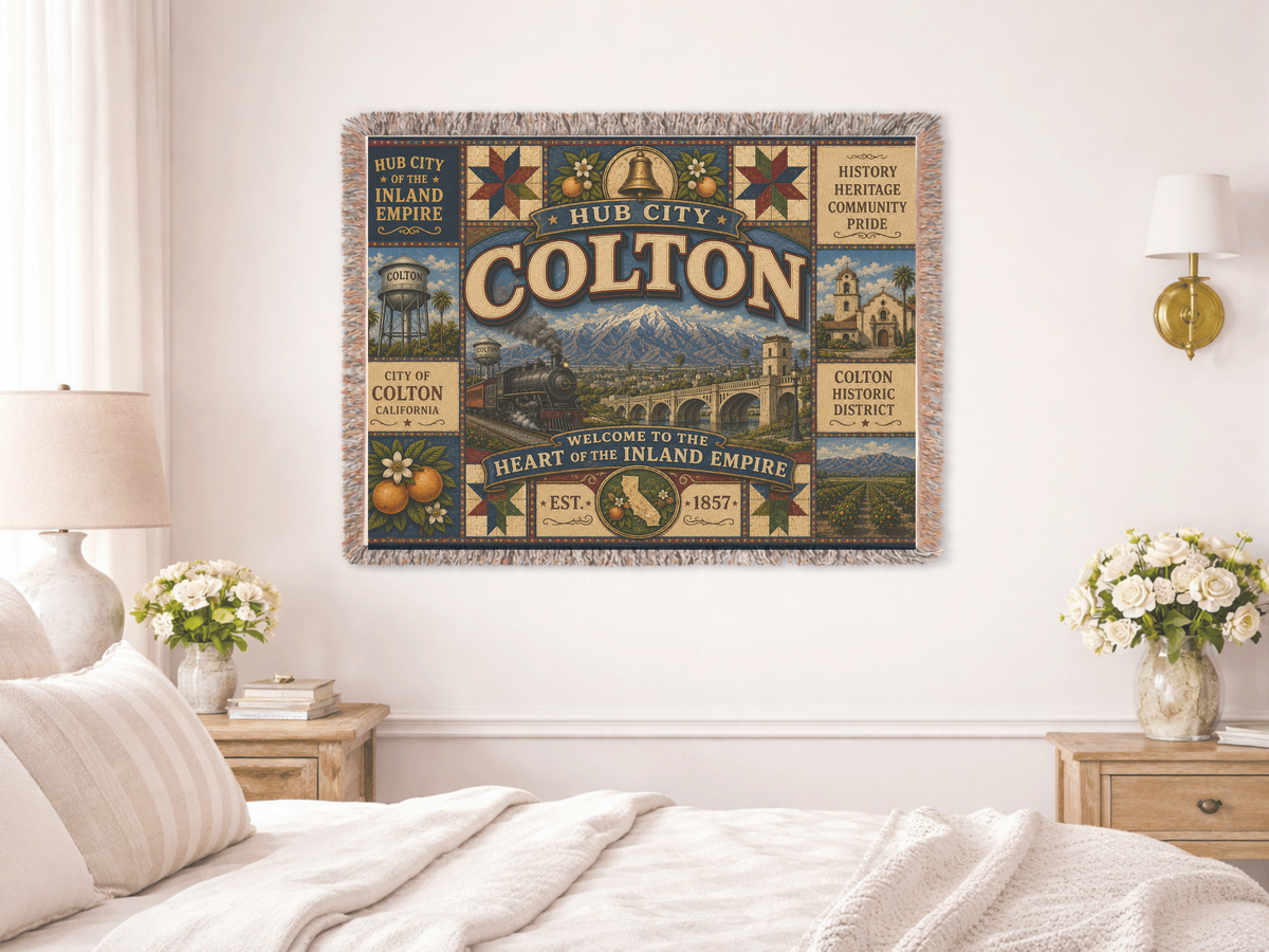 Colton City Landmark Woven Blanket — Vintage Map & Skyline Throw
