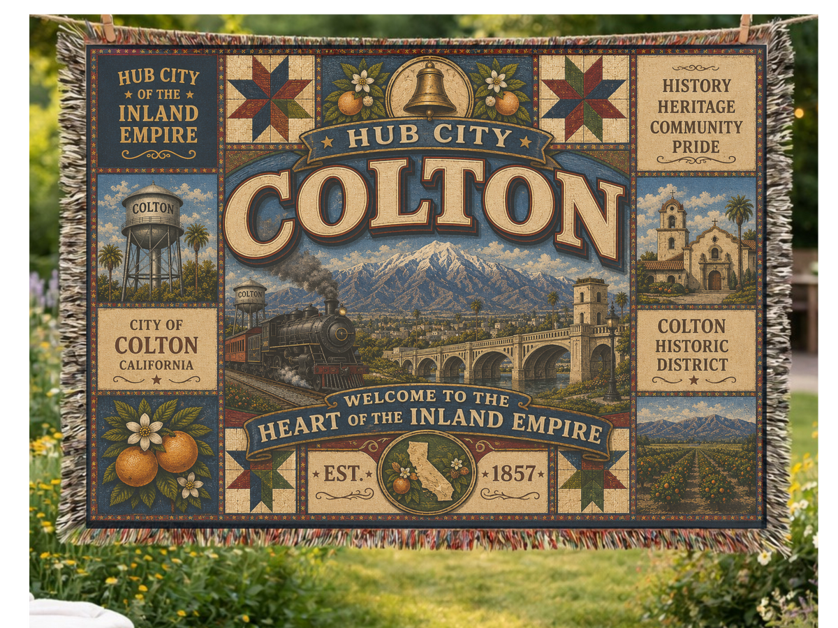Colton City Landmark Woven Blanket — Vintage Map & Skyline Throw