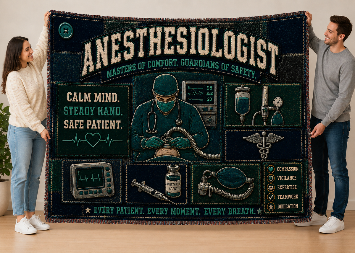 Anesthesiologist Woven Blanket – Calm Mind Steady Hand Safe Patient Faux Patchwork Medical Office Wall Decor Throw