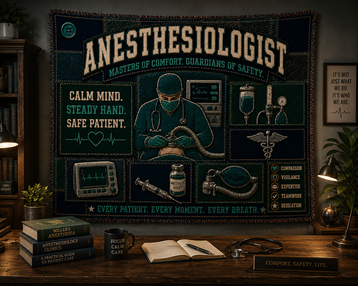 Anesthesiologist Woven Blanket – Calm Mind Steady Hand Safe Patient Faux Patchwork Medical Office Wall Decor Throw