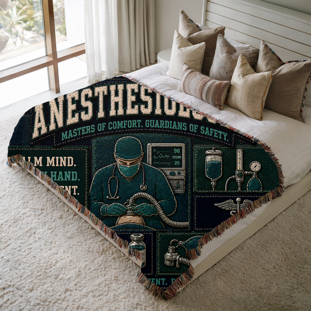 Anesthesiologist Woven Blanket – Calm Mind Steady Hand Safe Patient Faux Patchwork Medical Office Wall Decor Throw