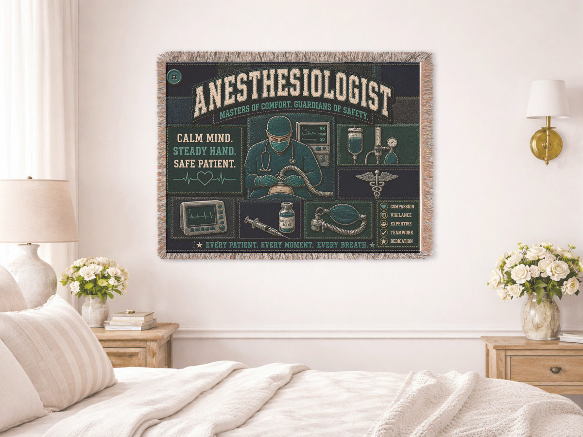 Anesthesiologist Woven Blanket – Calm Mind Steady Hand Safe Patient Faux Patchwork Medical Office Wall Decor Throw