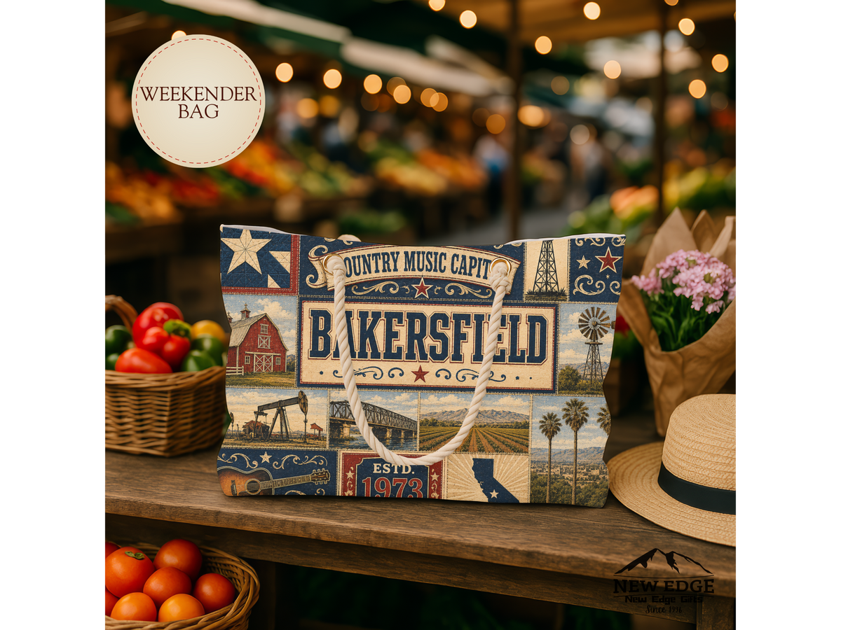 Bakersfield California Weekender Bag Country Music Capital Faux Patchwork Travel Tote Rustic Western Vintage Getaway Gift