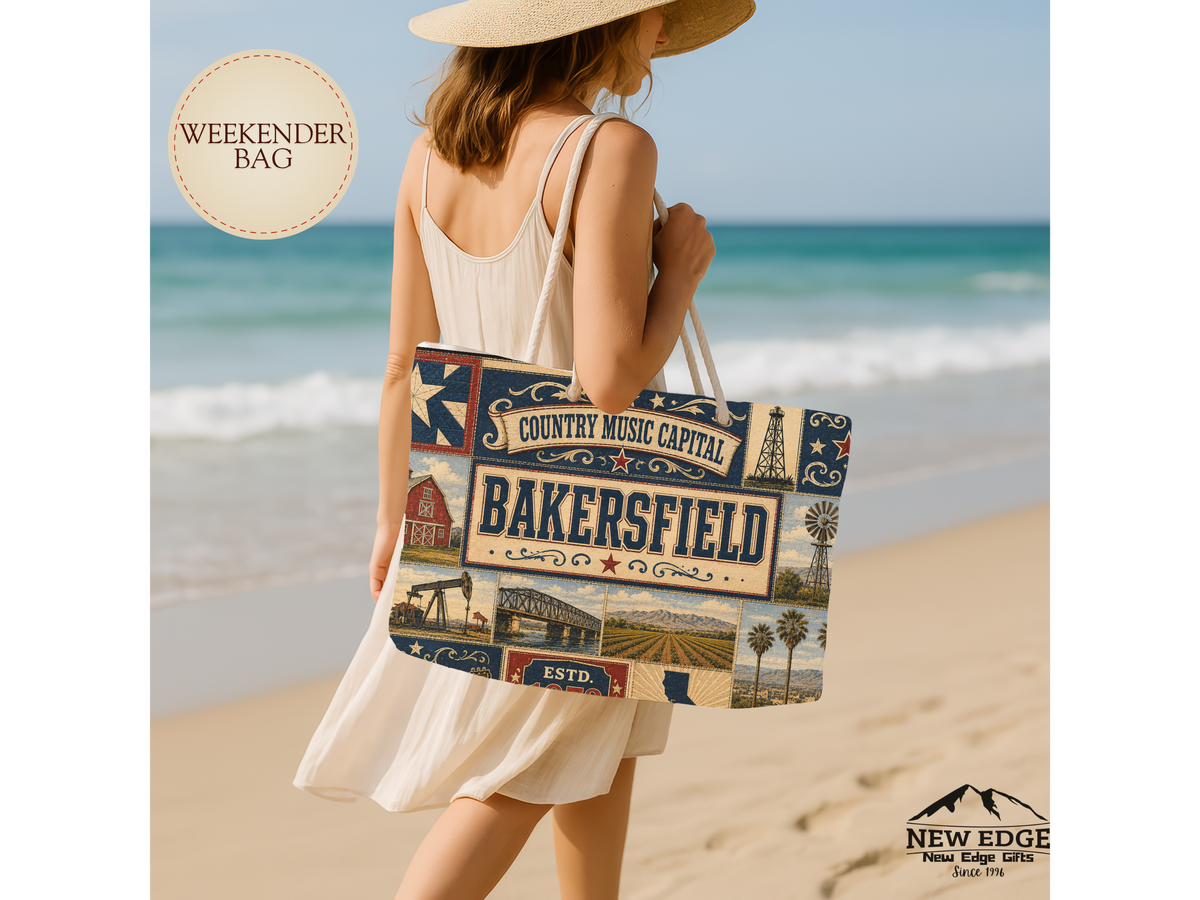 Bakersfield California Weekender Bag Country Music Capital Faux Patchwork Travel Tote Rustic Western Vintage Getaway Gift