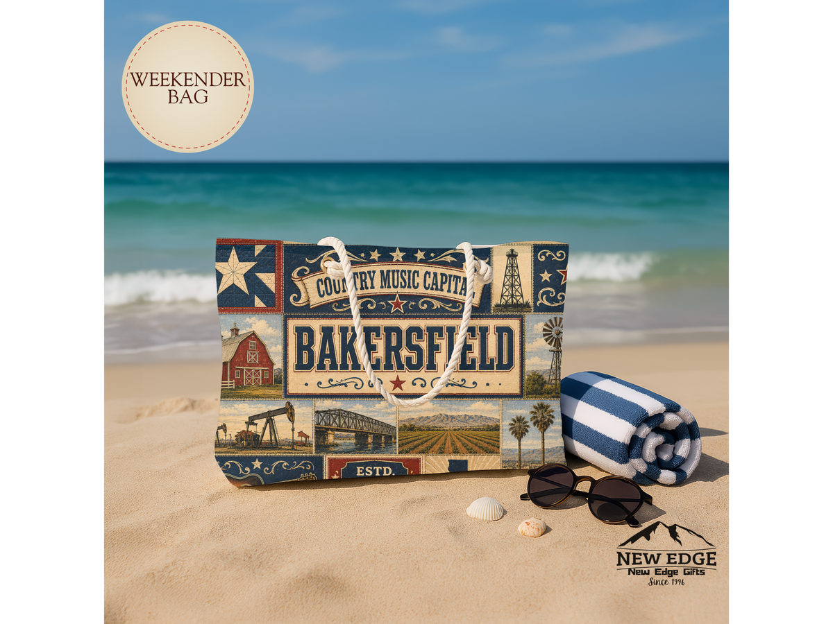 Bakersfield California Weekender Bag Country Music Capital Faux Patchwork Travel Tote Rustic Western Vintage Getaway Gift