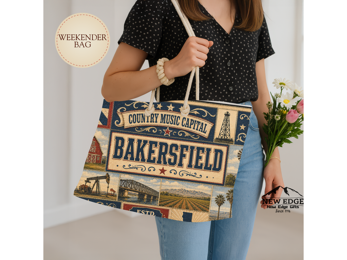 Bakersfield California Weekender Bag Country Music Capital Faux Patchwork Travel Tote Rustic Western Vintage Getaway Gift