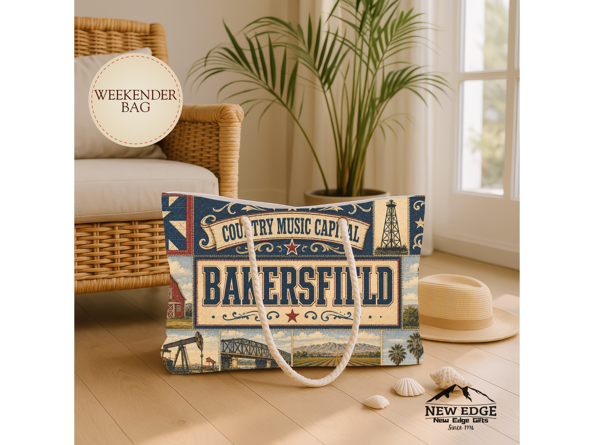 Bakersfield California Weekender Bag Country Music Capital Faux Patchwork Travel Tote Rustic Western Vintage Getaway Gift
