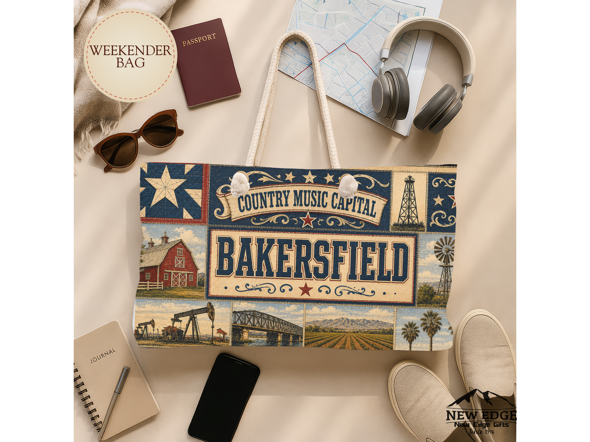 Bakersfield California Weekender Bag Country Music Capital Faux Patchwork Travel Tote Rustic Western Vintage Getaway Gift
