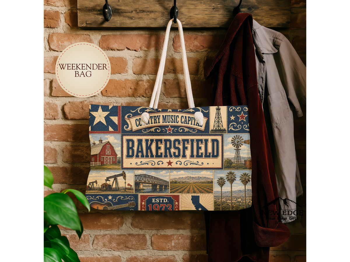 Bakersfield California Weekender Bag Country Music Capital Faux Patchwork Travel Tote Rustic Western Vintage Getaway Gift