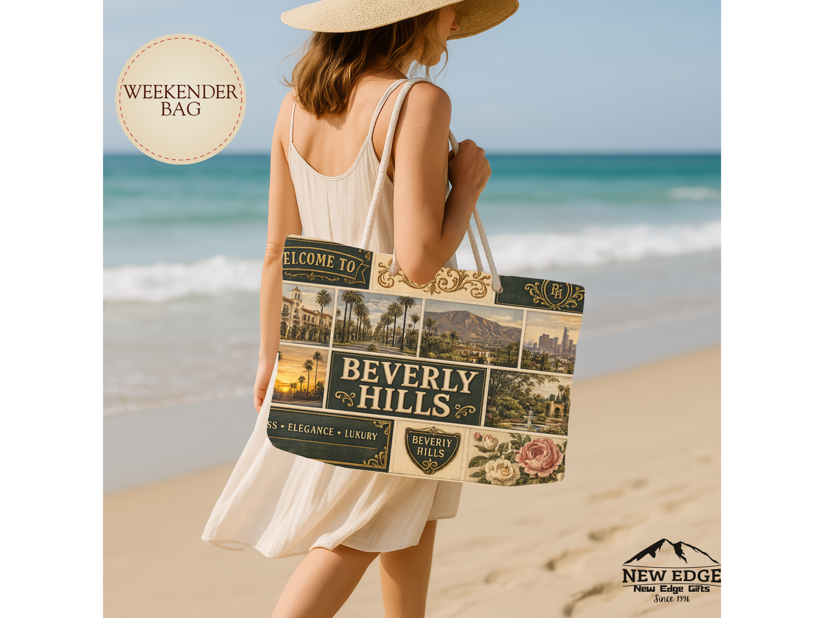 Beverly Hills California Weekender Bag Class Elegance Luxury Faux Patchwork Travel Tote Rodeo Drive Chic Getaway Gift