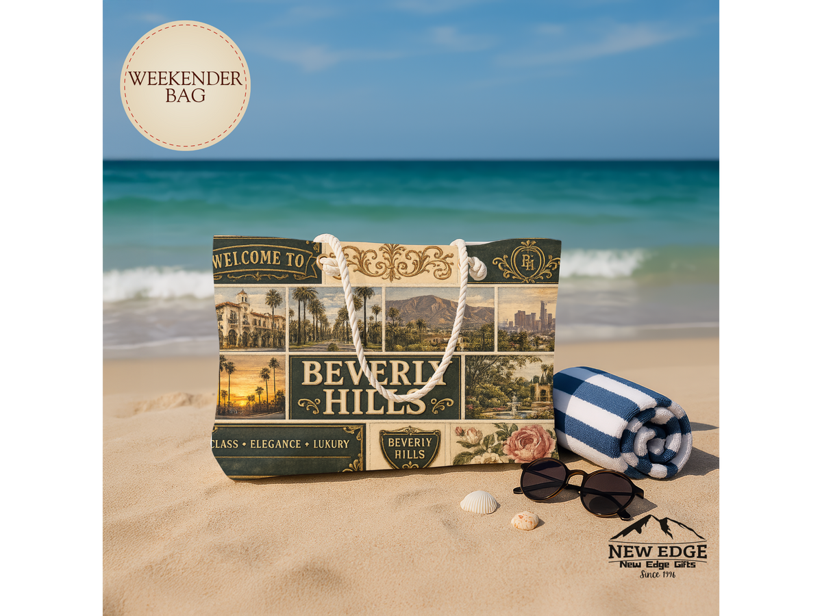 Beverly Hills California Weekender Bag Class Elegance Luxury Faux Patchwork Travel Tote Rodeo Drive Chic Getaway Gift