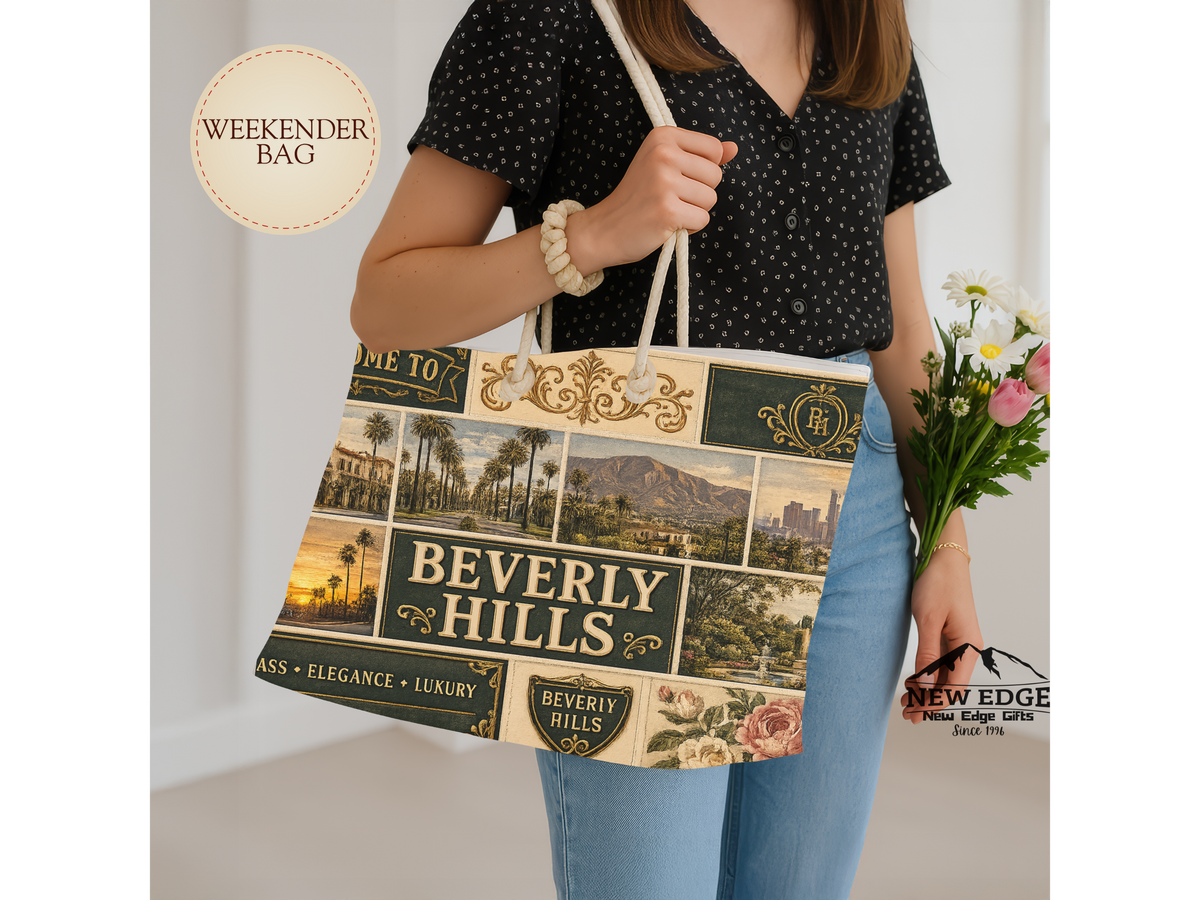 Beverly Hills California Weekender Bag Class Elegance Luxury Faux Patchwork Travel Tote Rodeo Drive Chic Getaway Gift