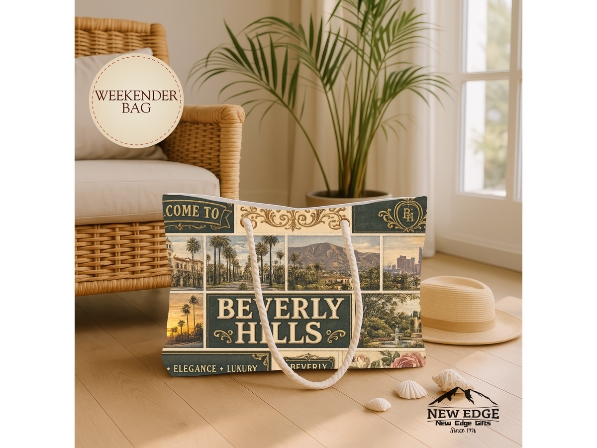Beverly Hills California Weekender Bag Class Elegance Luxury Faux Patchwork Travel Tote Rodeo Drive Chic Getaway Gift