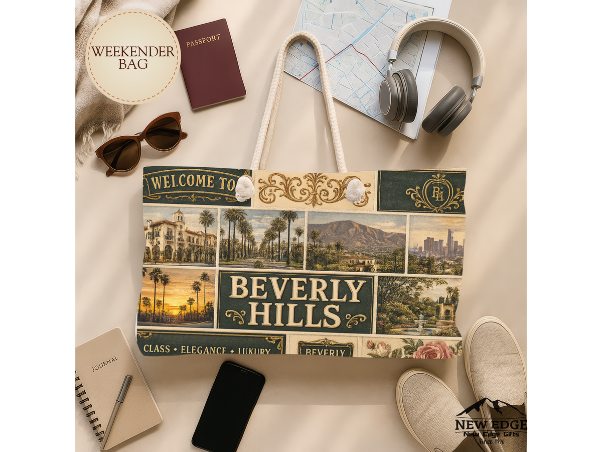 Beverly Hills California Weekender Bag Class Elegance Luxury Faux Patchwork Travel Tote Rodeo Drive Chic Getaway Gift
