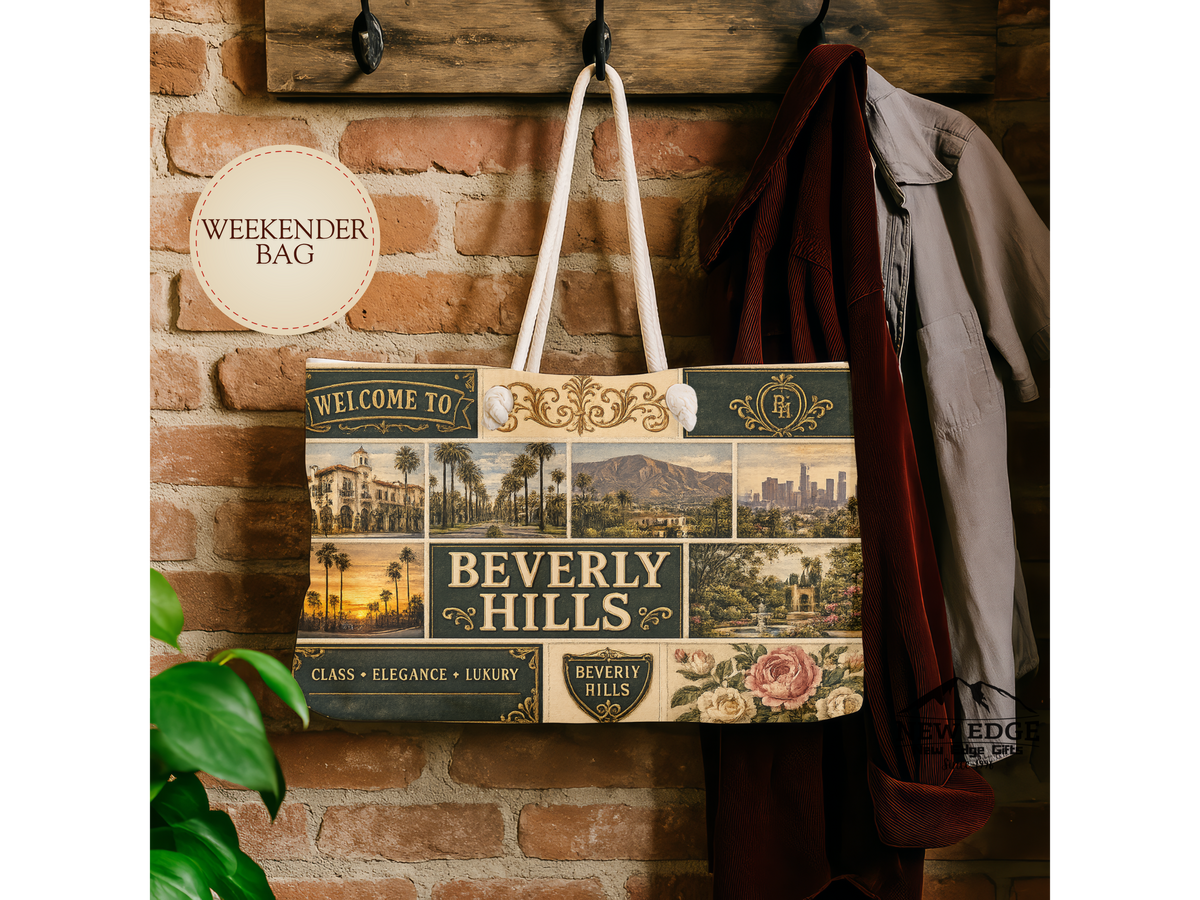 Beverly Hills California Weekender Bag Class Elegance Luxury Faux Patchwork Travel Tote Rodeo Drive Chic Getaway Gift