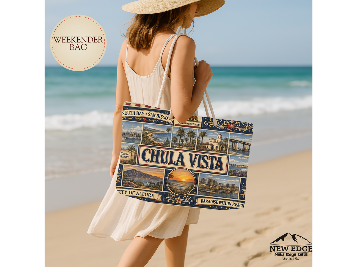 Chula Vista California Weekender Bag South Bay San Diego Faux Patchwork Travel Tote Coastal Paradise Getaway Gift