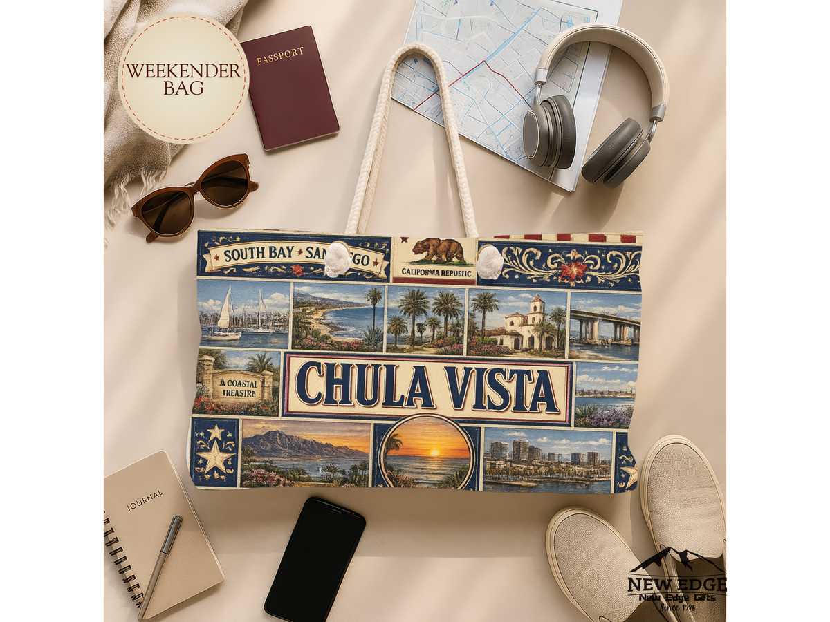 Chula Vista California Weekender Bag South Bay San Diego Faux Patchwork Travel Tote Coastal Paradise Getaway Gift