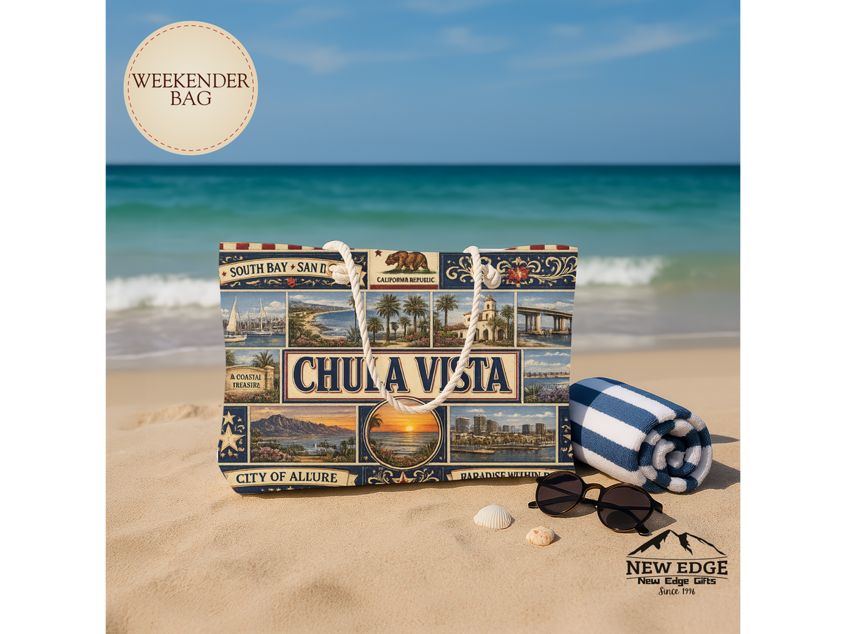 Chula Vista California Weekender Bag South Bay San Diego Faux Patchwork Travel Tote Coastal Paradise Getaway Gift