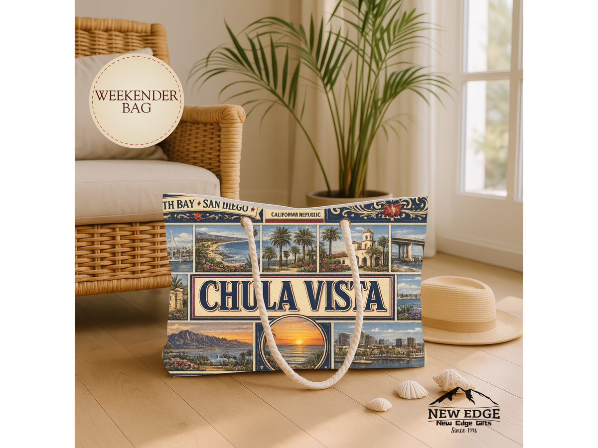 Chula Vista California Weekender Bag South Bay San Diego Faux Patchwork Travel Tote Coastal Paradise Getaway Gift