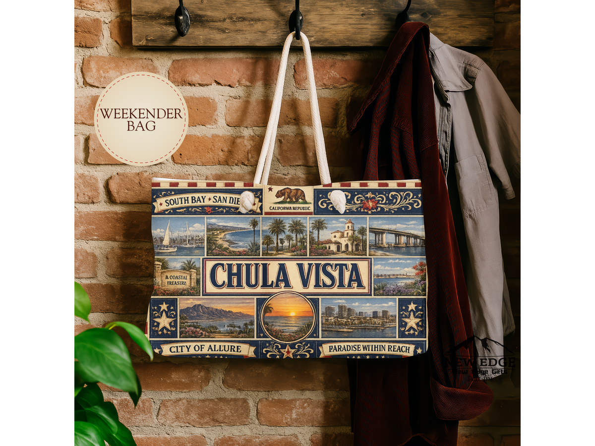 Chula Vista California Weekender Bag South Bay San Diego Faux Patchwork Travel Tote Coastal Paradise Getaway Gift