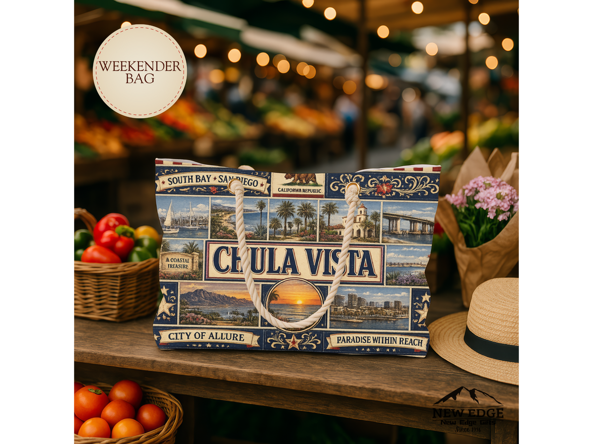 Chula Vista California Weekender Bag South Bay San Diego Faux Patchwork Travel Tote Coastal Paradise Getaway Gift
