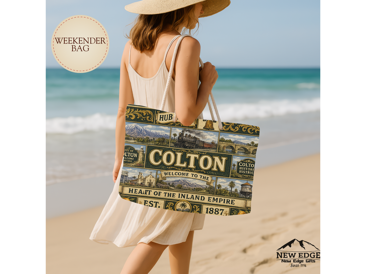 Colton Vintage TColton California Weekender Bag Hub City Faux Patchwork Travel Tote Heart of the Inland Empire Railroad Heritage Giftravel Weekender Bag — "Welcome to the Heart of the Inland Empire"