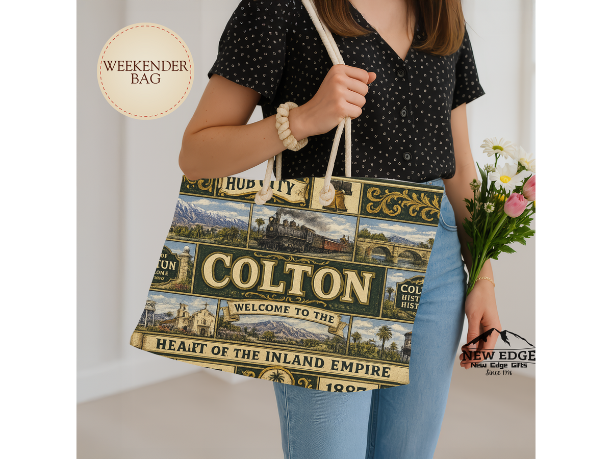 Colton Vintage TColton California Weekender Bag Hub City Faux Patchwork Travel Tote Heart of the Inland Empire Railroad Heritage Giftravel Weekender Bag — "Welcome to the Heart of the Inland Empire"