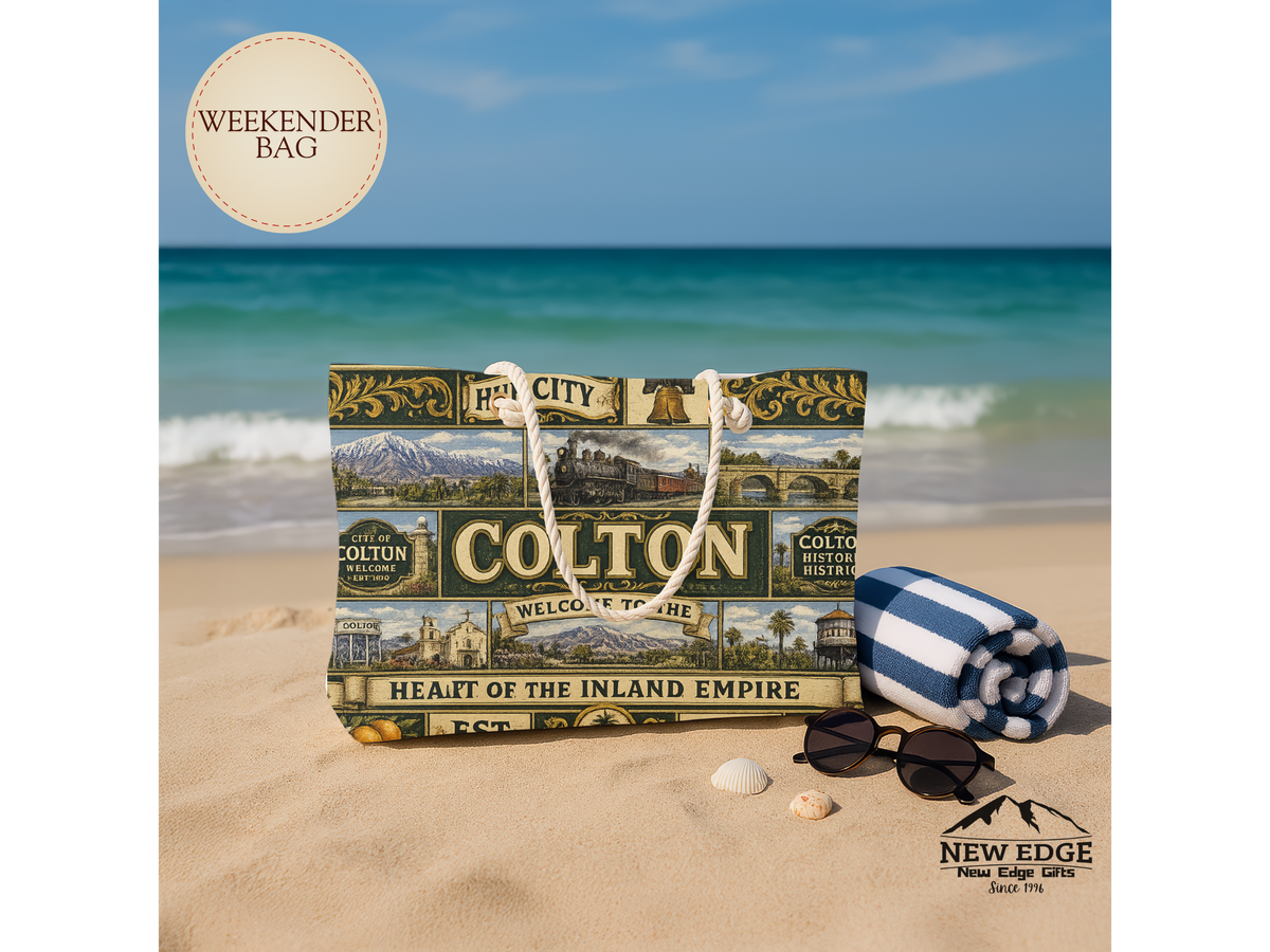 Colton Vintage TColton California Weekender Bag Hub City Faux Patchwork Travel Tote Heart of the Inland Empire Railroad Heritage Giftravel Weekender Bag — "Welcome to the Heart of the Inland Empire"