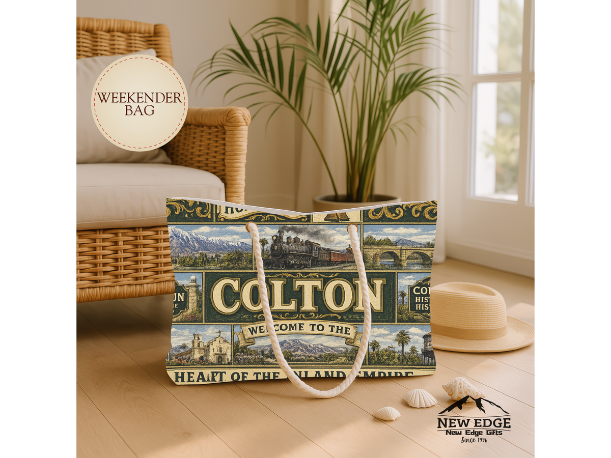 Colton Vintage TColton California Weekender Bag Hub City Faux Patchwork Travel Tote Heart of the Inland Empire Railroad Heritage Giftravel Weekender Bag — "Welcome to the Heart of the Inland Empire"