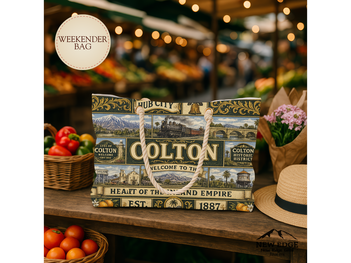 Colton Vintage TColton California Weekender Bag Hub City Faux Patchwork Travel Tote Heart of the Inland Empire Railroad Heritage Giftravel Weekender Bag — "Welcome to the Heart of the Inland Empire"