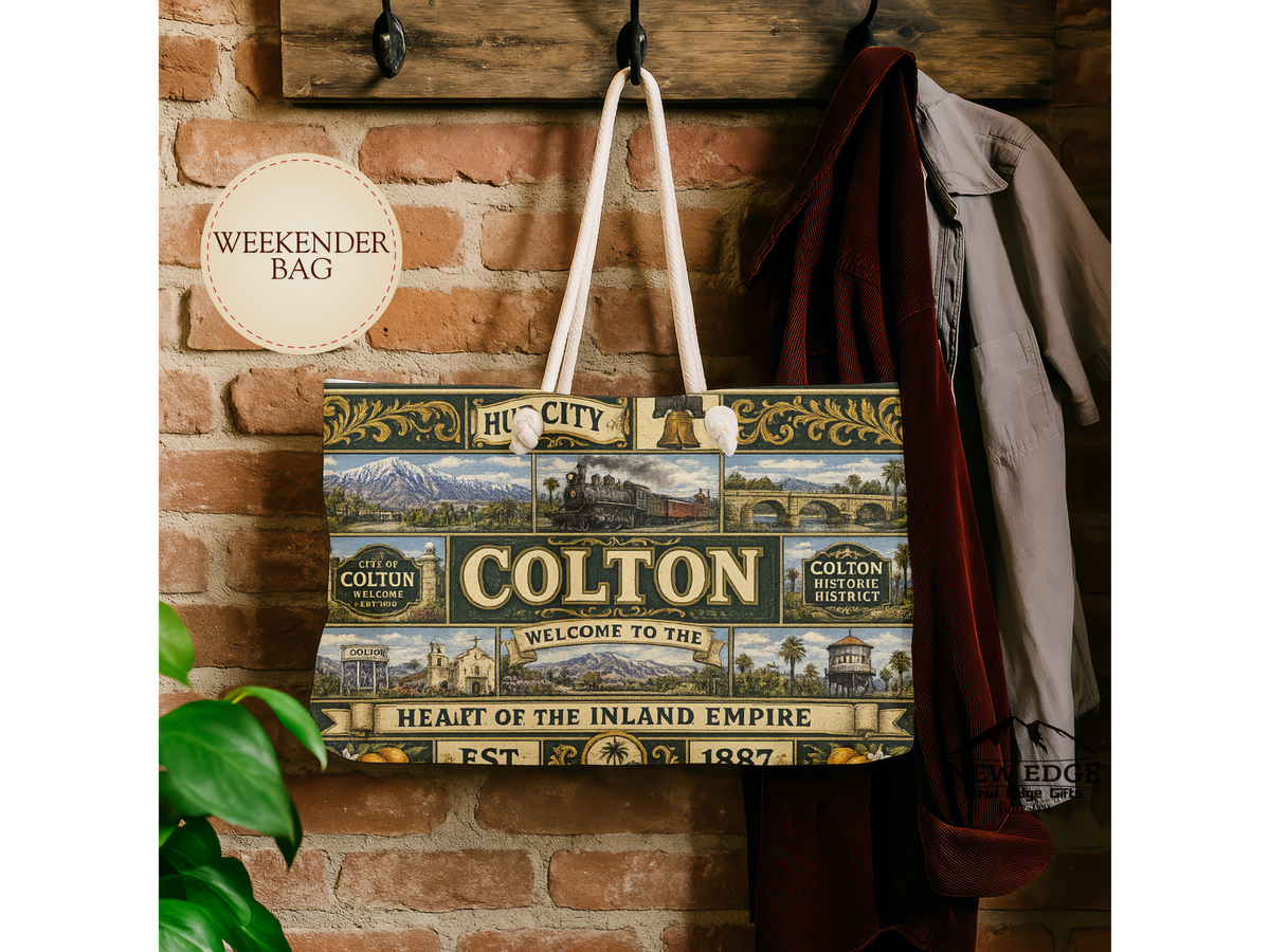 Colton Vintage TColton California Weekender Bag Hub City Faux Patchwork Travel Tote Heart of the Inland Empire Railroad Heritage Giftravel Weekender Bag — "Welcome to the Heart of the Inland Empire"