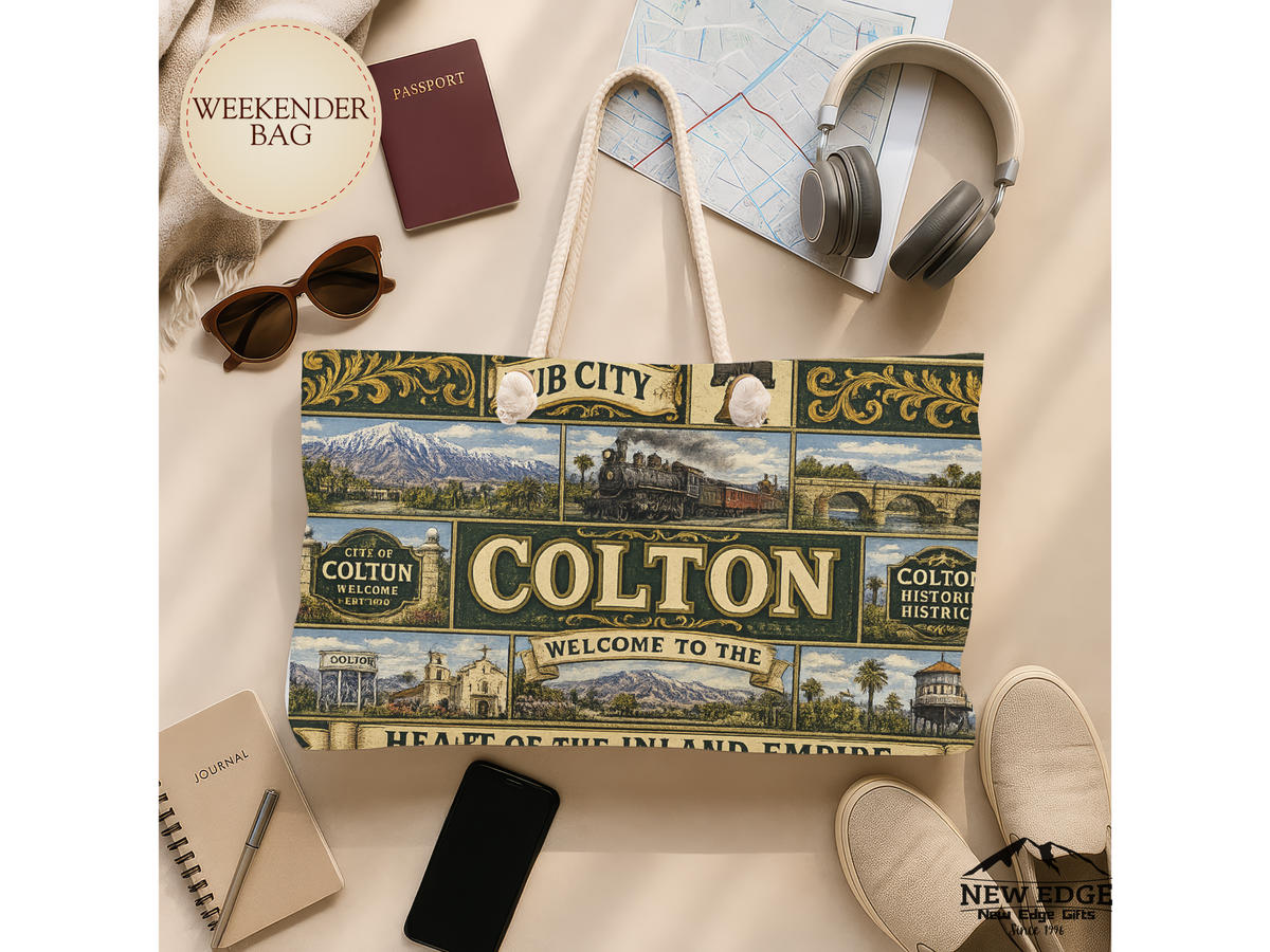 Colton Vintage TColton California Weekender Bag Hub City Faux Patchwork Travel Tote Heart of the Inland Empire Railroad Heritage Giftravel Weekender Bag — "Welcome to the Heart of the Inland Empire"