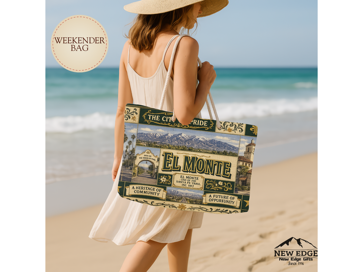 El Monte California Weekender Bag City of Pride Faux Patchwork Travel Tote End of the Santa Fe Trail Heritage Gift