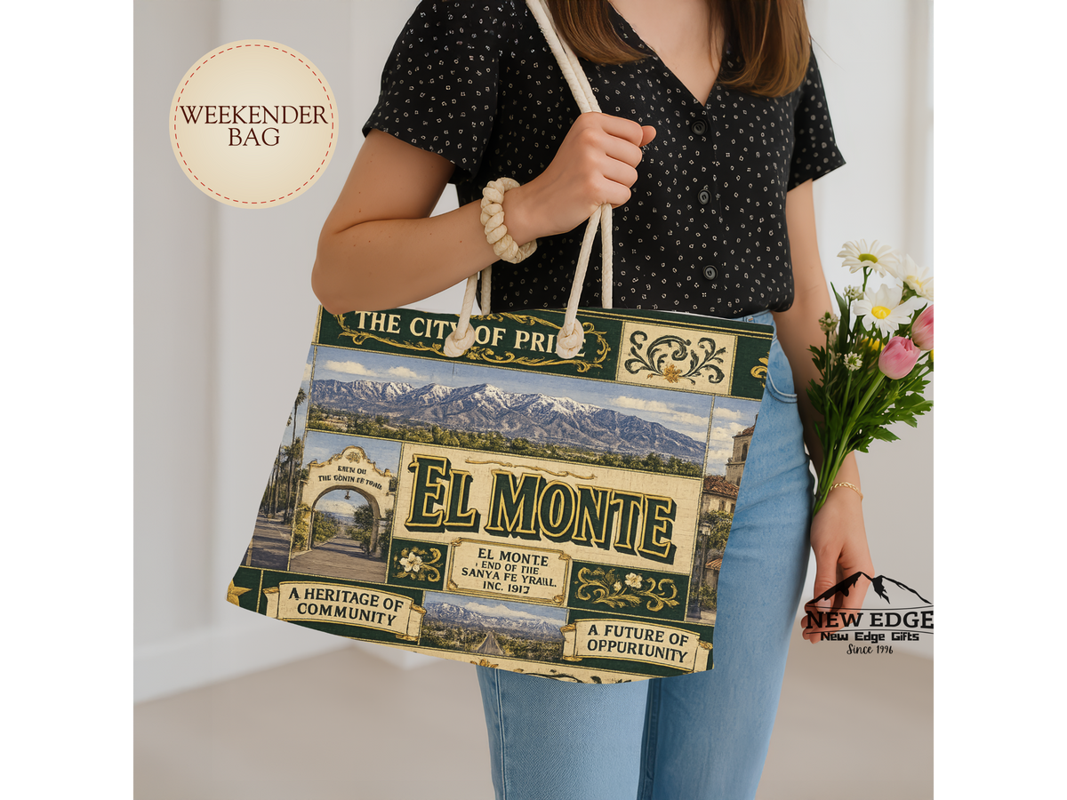 El Monte California Weekender Bag City of Pride Faux Patchwork Travel Tote End of the Santa Fe Trail Heritage Gift
