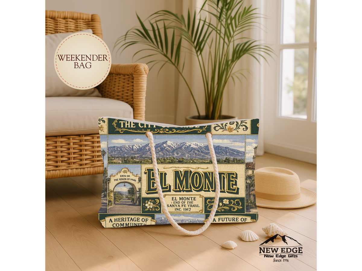 El Monte California Weekender Bag City of Pride Faux Patchwork Travel Tote End of the Santa Fe Trail Heritage Gift