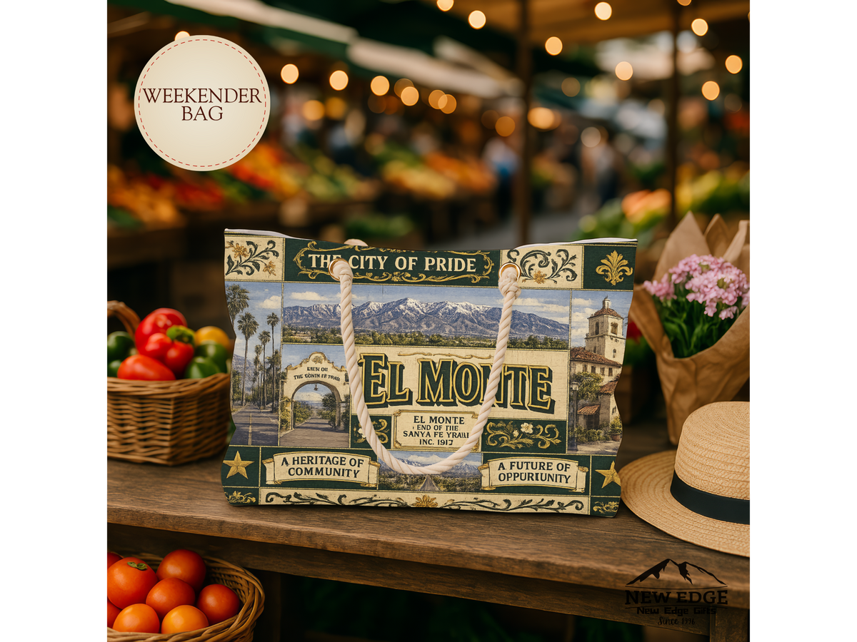 El Monte California Weekender Bag City of Pride Faux Patchwork Travel Tote End of the Santa Fe Trail Heritage Gift