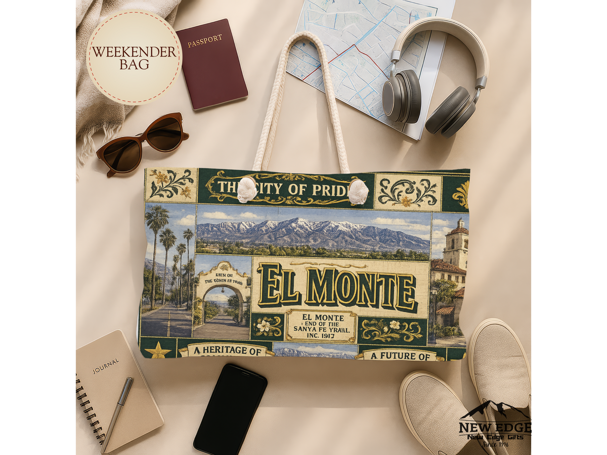 El Monte California Weekender Bag City of Pride Faux Patchwork Travel Tote End of the Santa Fe Trail Heritage Gift