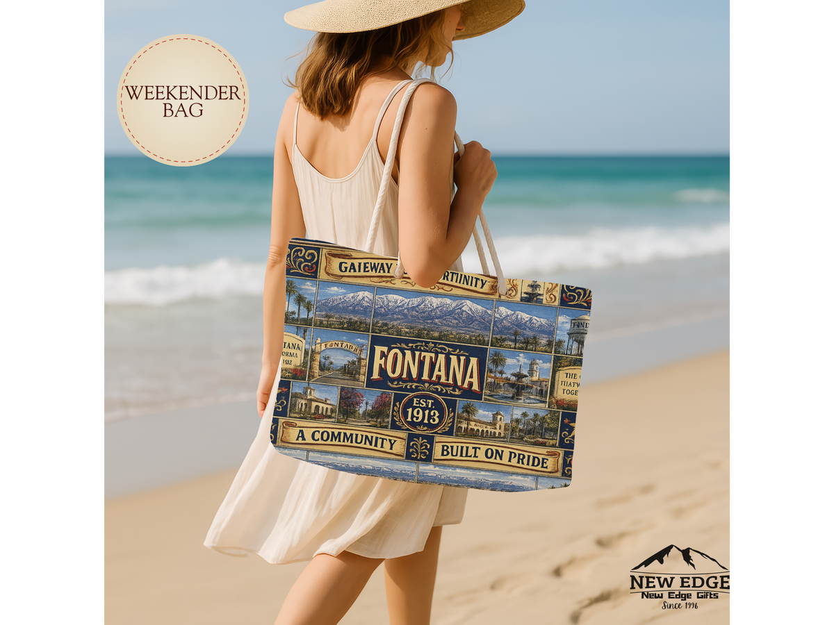 Fontana California Weekender Bag Gateway to Opportunity Faux Patchwork Travel Tote Built on Pride Inland Empire Gift
