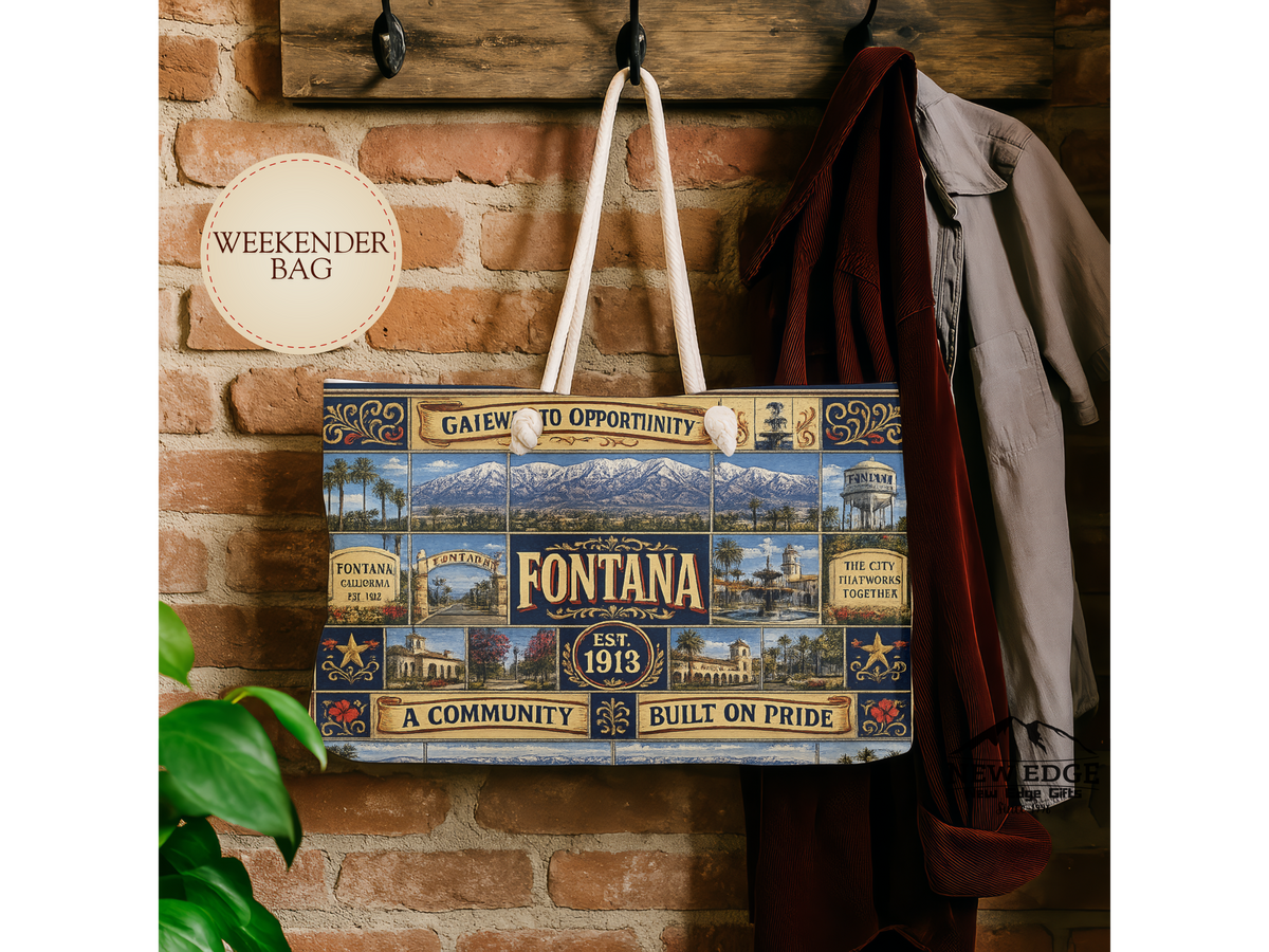 Fontana California Weekender Bag Gateway to Opportunity Faux Patchwork Travel Tote Built on Pride Inland Empire Gift