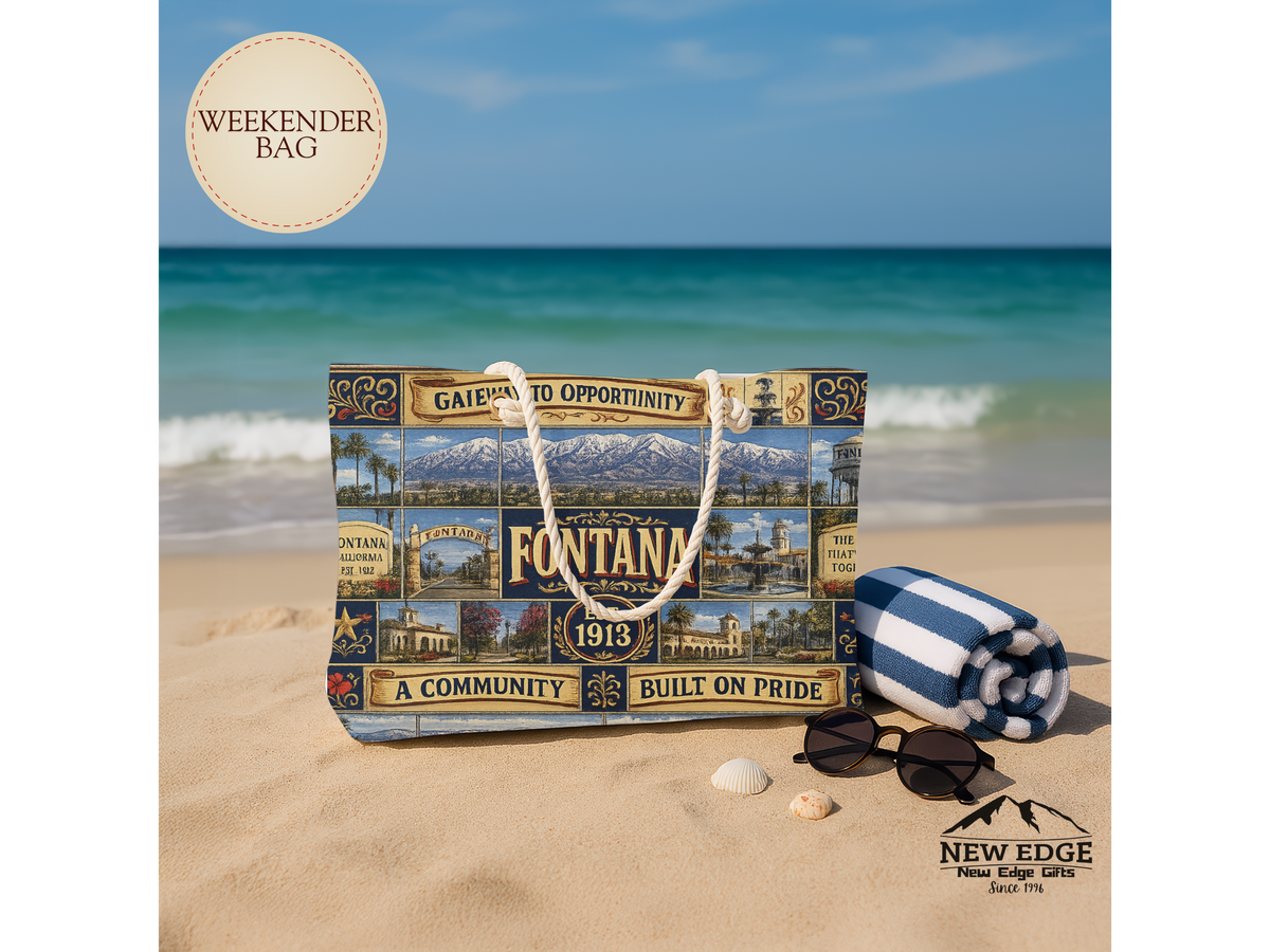 Fontana California Weekender Bag Gateway to Opportunity Faux Patchwork Travel Tote Built on Pride Inland Empire Gift