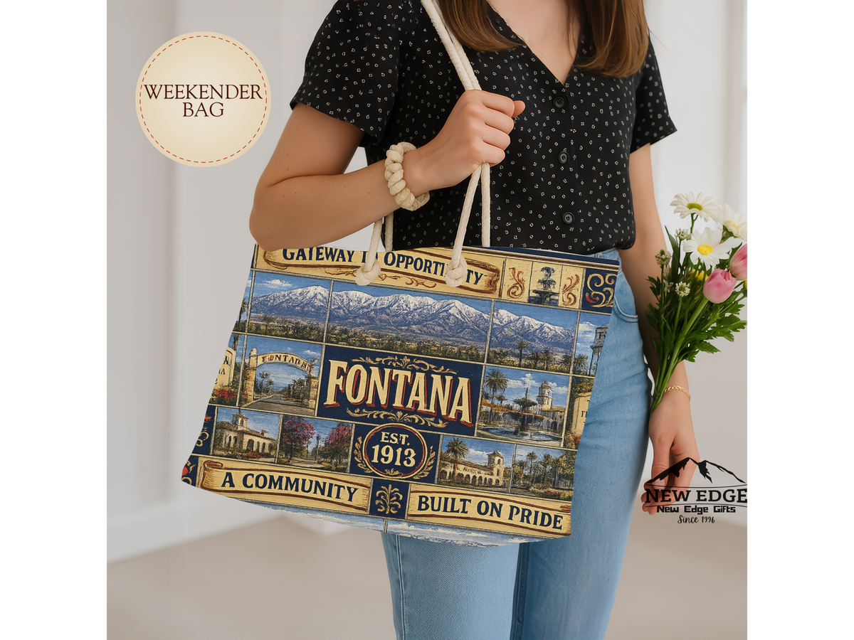 Fontana California Weekender Bag Gateway to Opportunity Faux Patchwork Travel Tote Built on Pride Inland Empire Gift