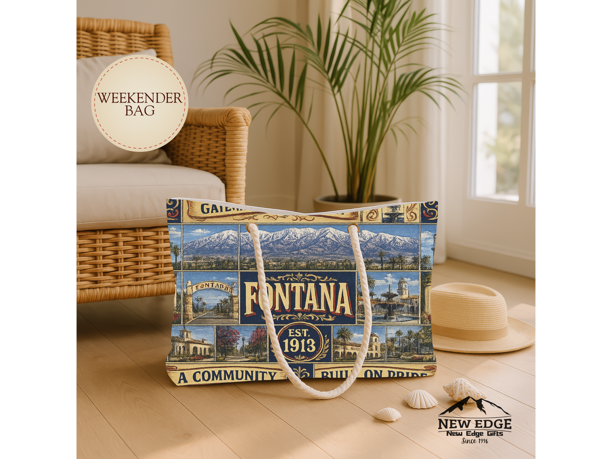 Fontana California Weekender Bag Gateway to Opportunity Faux Patchwork Travel Tote Built on Pride Inland Empire Gift